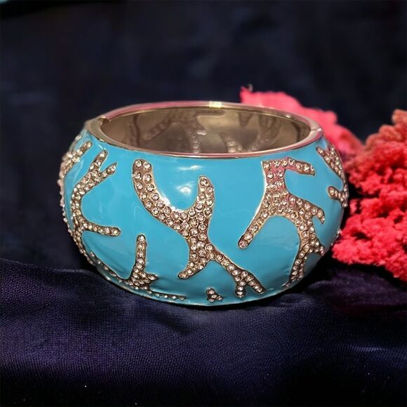 Sequin Blue Coral Rhinestone Wide Hinged Clamper Bangle NWT - Picture 1 of 7